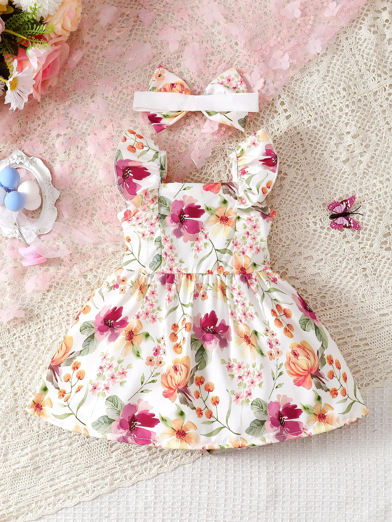 Baby Girl Summer Dress With Flying Sleeves, Spaghetti Straps, Lovely Watercolor Floral Print And Hairband