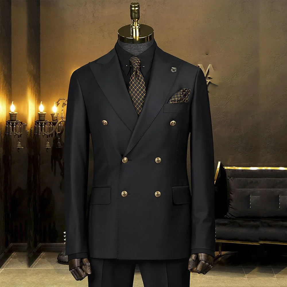 

SILIWEYA Black Men's Suits 2025 Elegant Double Breasted Peak Lapel Skinny 2 Piece Jacket Pants Male Clothing Customzied Blazer