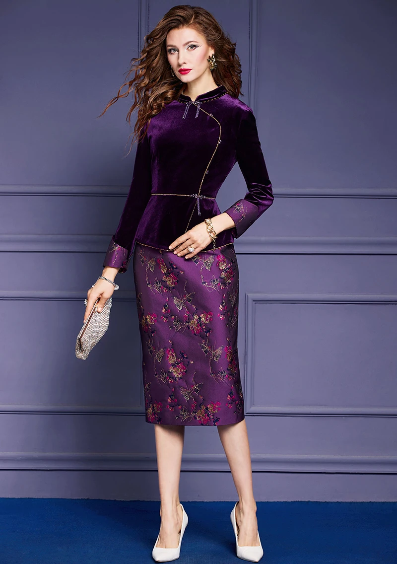 ZJYT Autumn Chinese Style Floral Velvet Cheongsam Dresses for Women 2023 Elegant Long Sleeve Beading Vintage Vestidos Plus Size