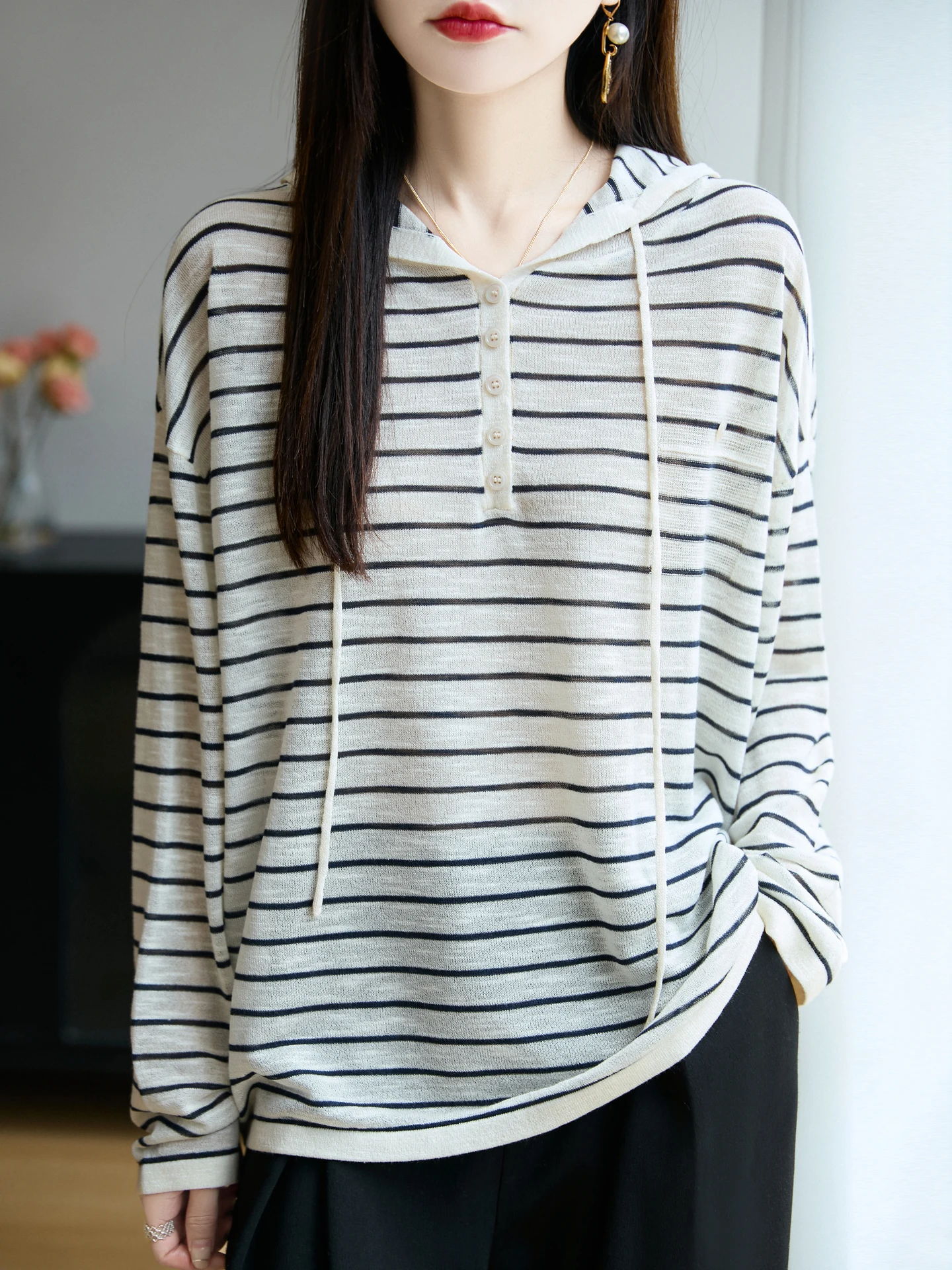 Lässiger, locker sitzender Strickmütze-Pullover für Damen, dünner Streifen, koreanischer Stil, faionable, bequemes, schlankmachendes Pendel-Top