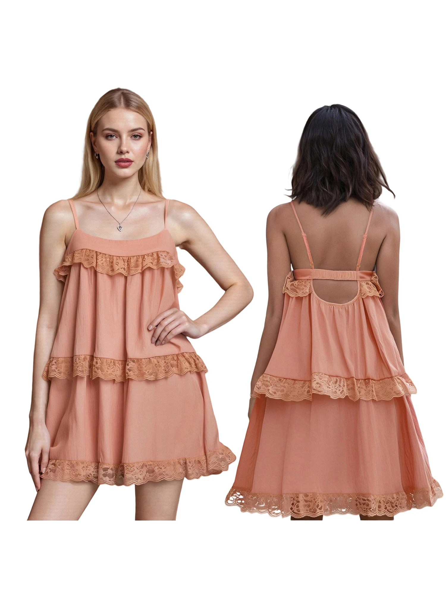 Abito estivo da donna mini canotta senza maniche con finiture in pizzo tinta unita floreale