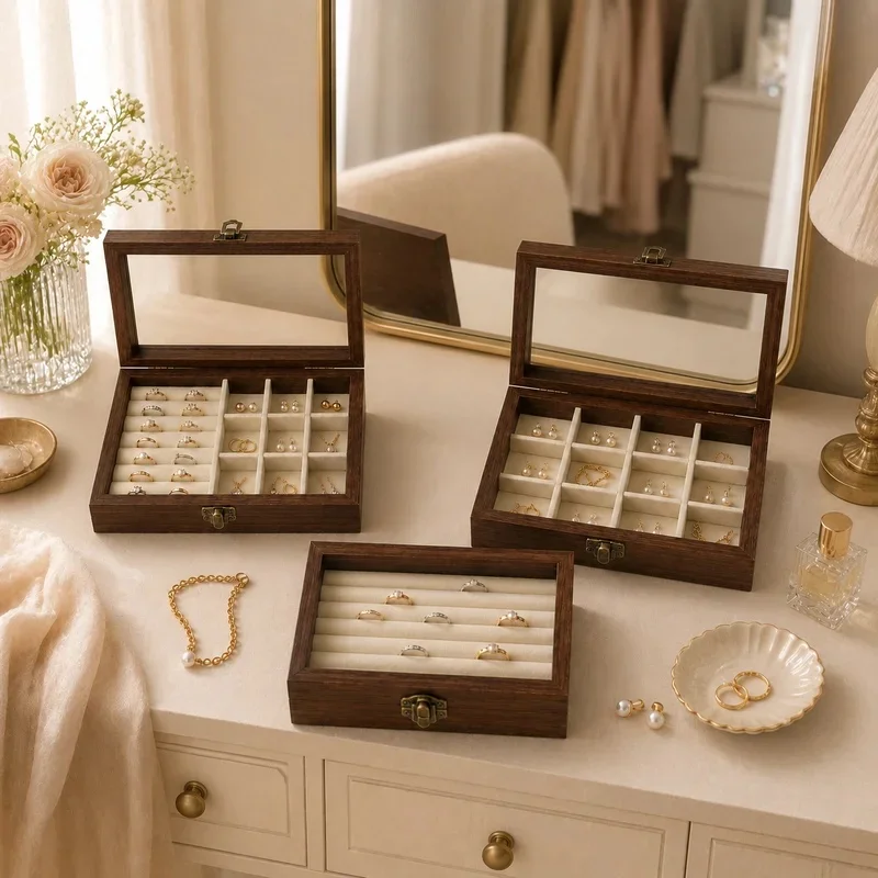 Walnut‑Pattern Velvet Hard‑Shell Jewelry Storage Box, Korean‑Style Compact Organizer for Rings Earrings Necklaces