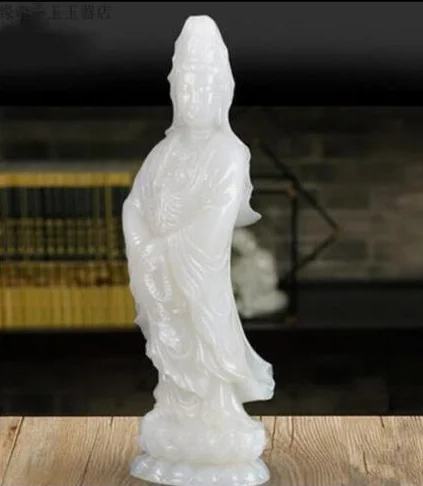 8 Natural White Jade Avalokiteshvara Kwan-yin Qua Guan Yin Goddess Buddha Statue