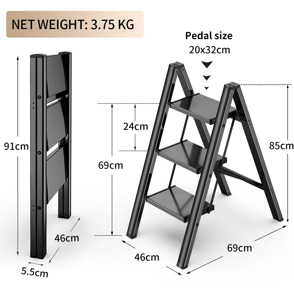 Ladnamy 3 Step Ladder Folding Ladder Stool Portable Storage Rack Lightweight Aluminum Wide Anti Slip Pedal Multifunctional Tools