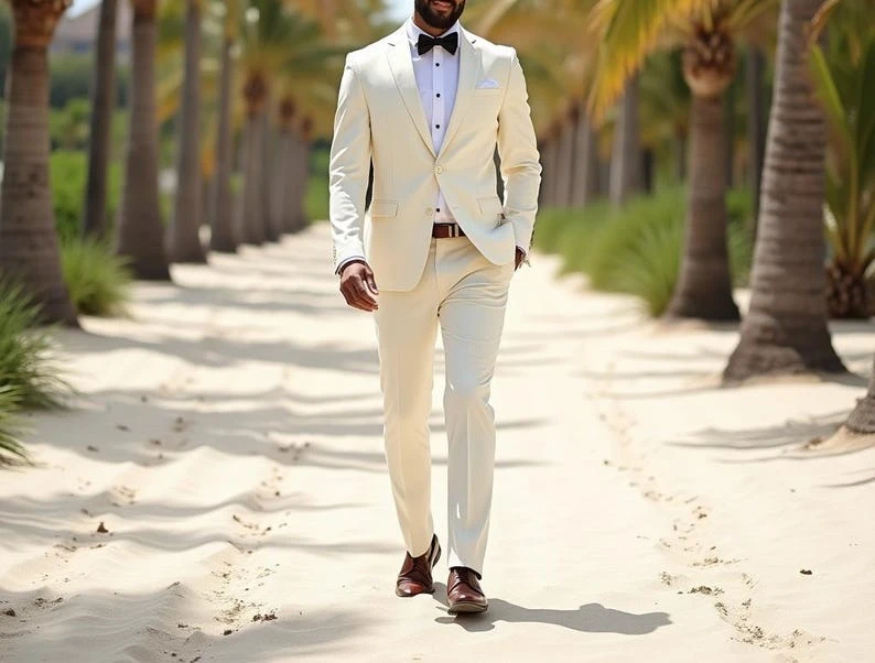

Мужской костюм-тройка цвета слоновой кости, индивидуальный крой, пляжный свадебный костюм для жениха, Terno Masculino Completo