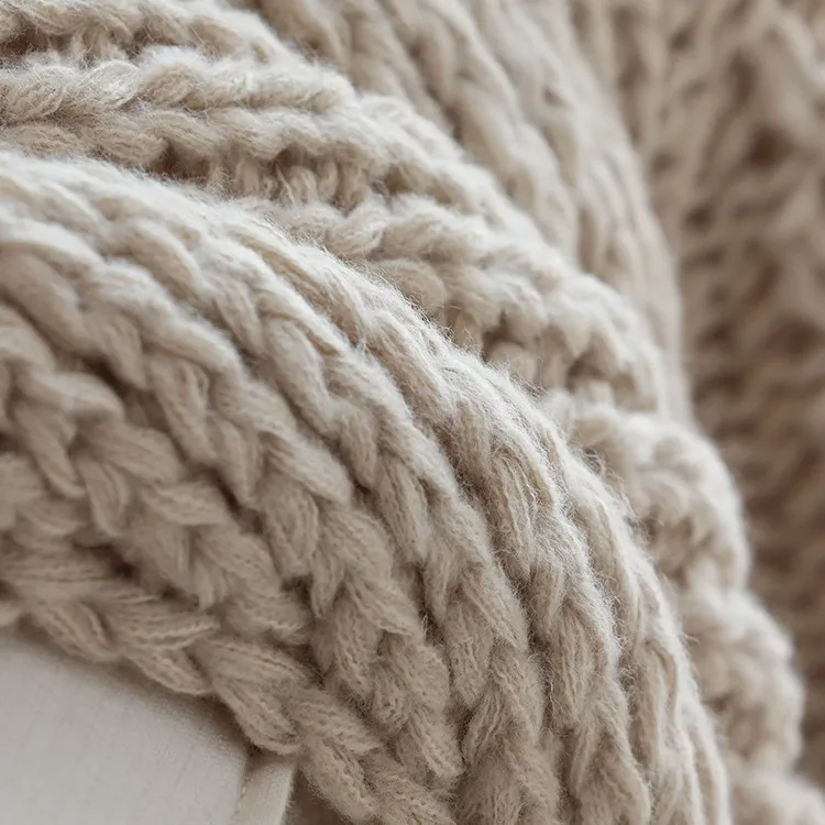 Thick Chunky Knitted Blanket Nordic Style Decorative Solid Beige Cream Cozy Throw Blanket For Sofa Living Room Bedroom 50x60
