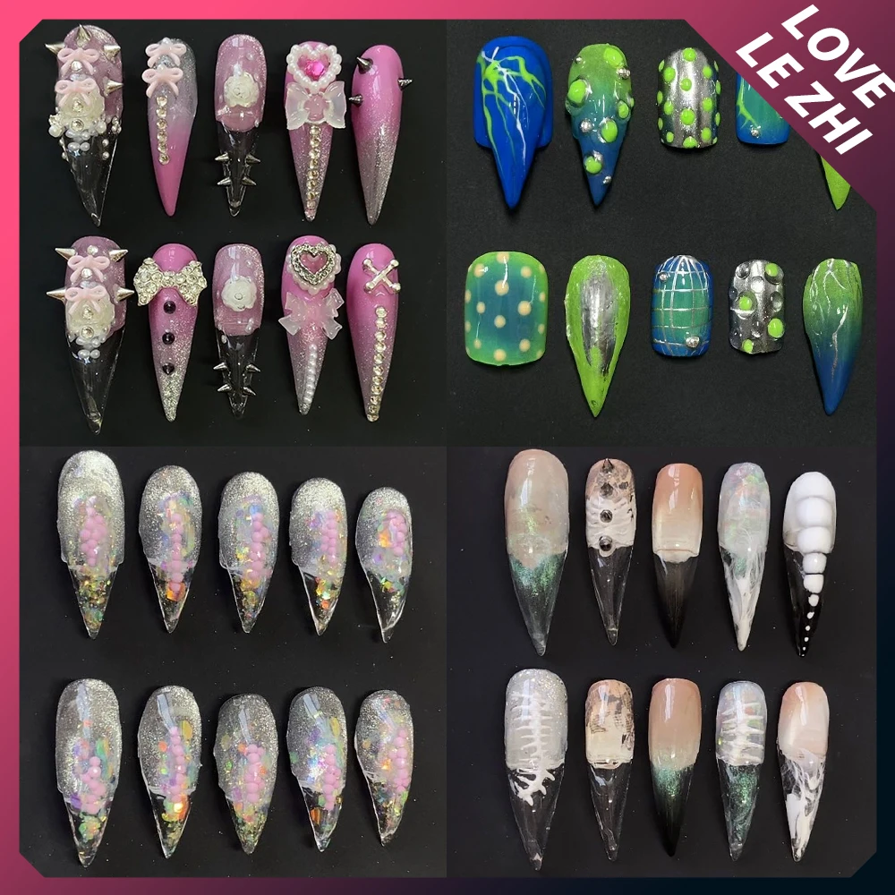 Europe America Spice Girl Style Handmade Long Beast Claw Press On Nails Dragon Claw Bowknot Rivets Gradients Full Cover Nails