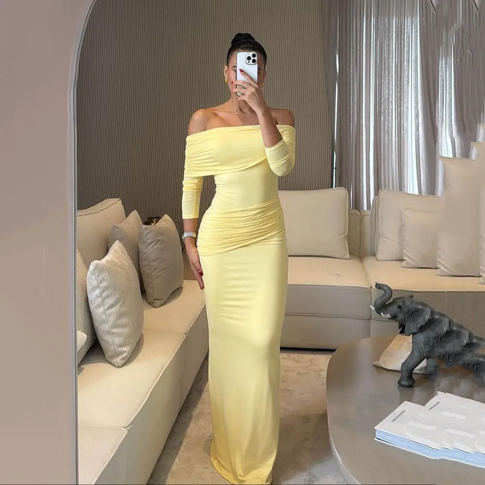 

Msikoods Bodycon Yellow Prom Dress 2025 Long Sleeve Off Shoulder Party Dress Elegant Formal Evening Dress For Women Customized