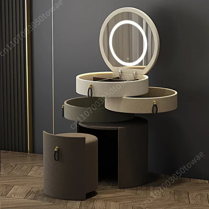 Mini Cylinder Vanity Desk with Flip-Top Mirror, Multi-Color Upholstered Dressing Table, Space-Saving Makeup Vanity for Bedrooms