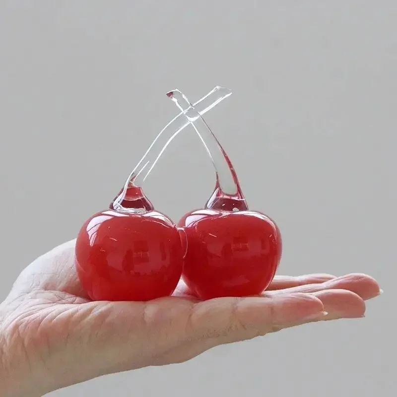 Creative Colored Glass Fruit Ornaments White Strawberries Red Cherries Fruit Sculptures Transparent Crystal Cherries Home Decor