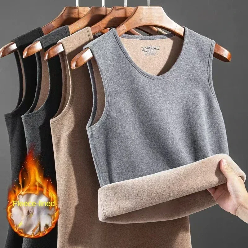 Mens Heat Vest Solid Base Thick Slim Comfortable Thermal Shirt Sleeveless Round Neck Velvet Thickening Thermal Underwear XL-4XL