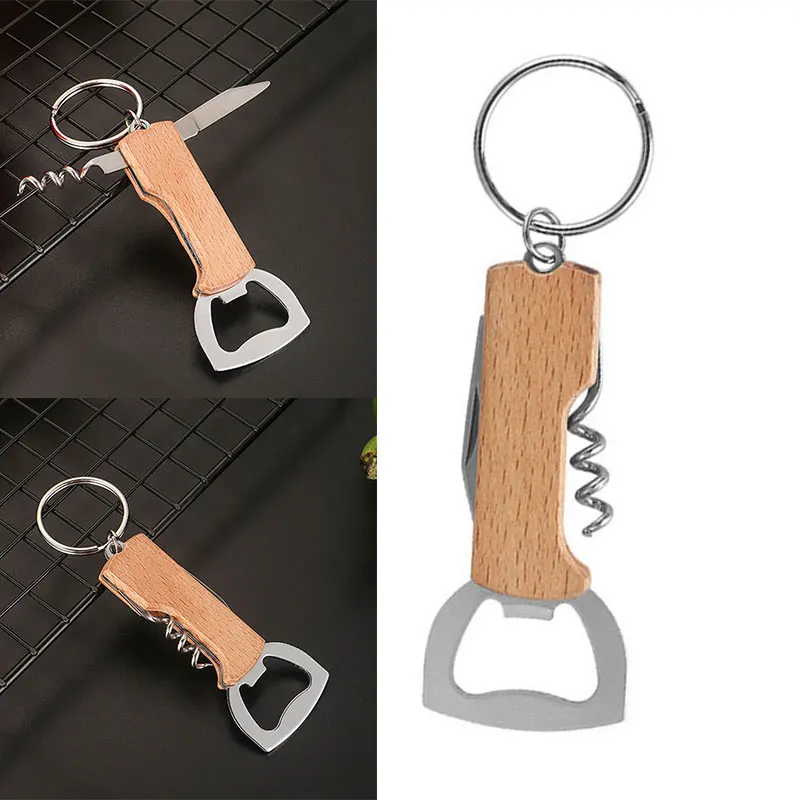 20Pcs Multi-Functional Portable Beer Bottle Opener with Keychain Metal Beech Wood Wine Corkscrew Opener Can Opener Mens Gift