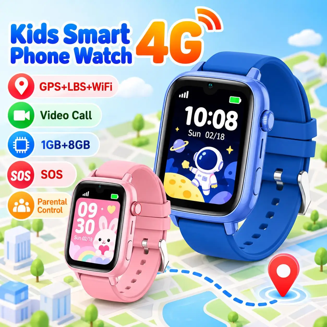 4G Children Smart Watch GPS WiFi Tracker, Video Call SOS Alert 1G+8G APP Download Camera Remote Monitor Kids Smartwatch