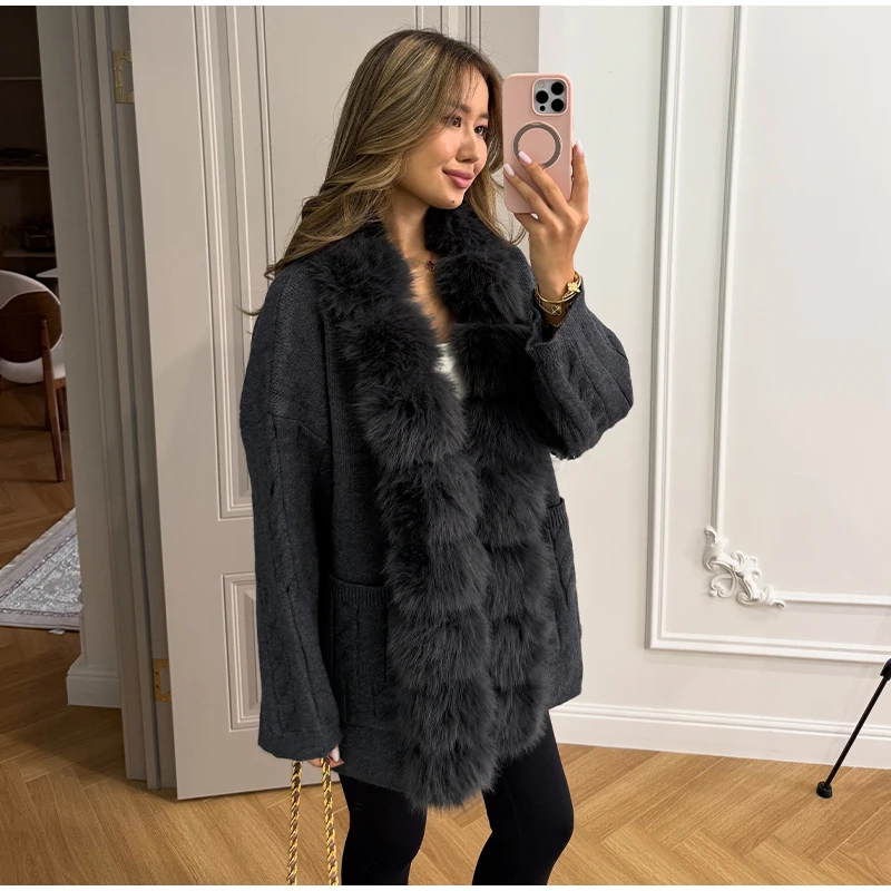 Cable Knit Cardigan with Faux Fur Collar — product details 13