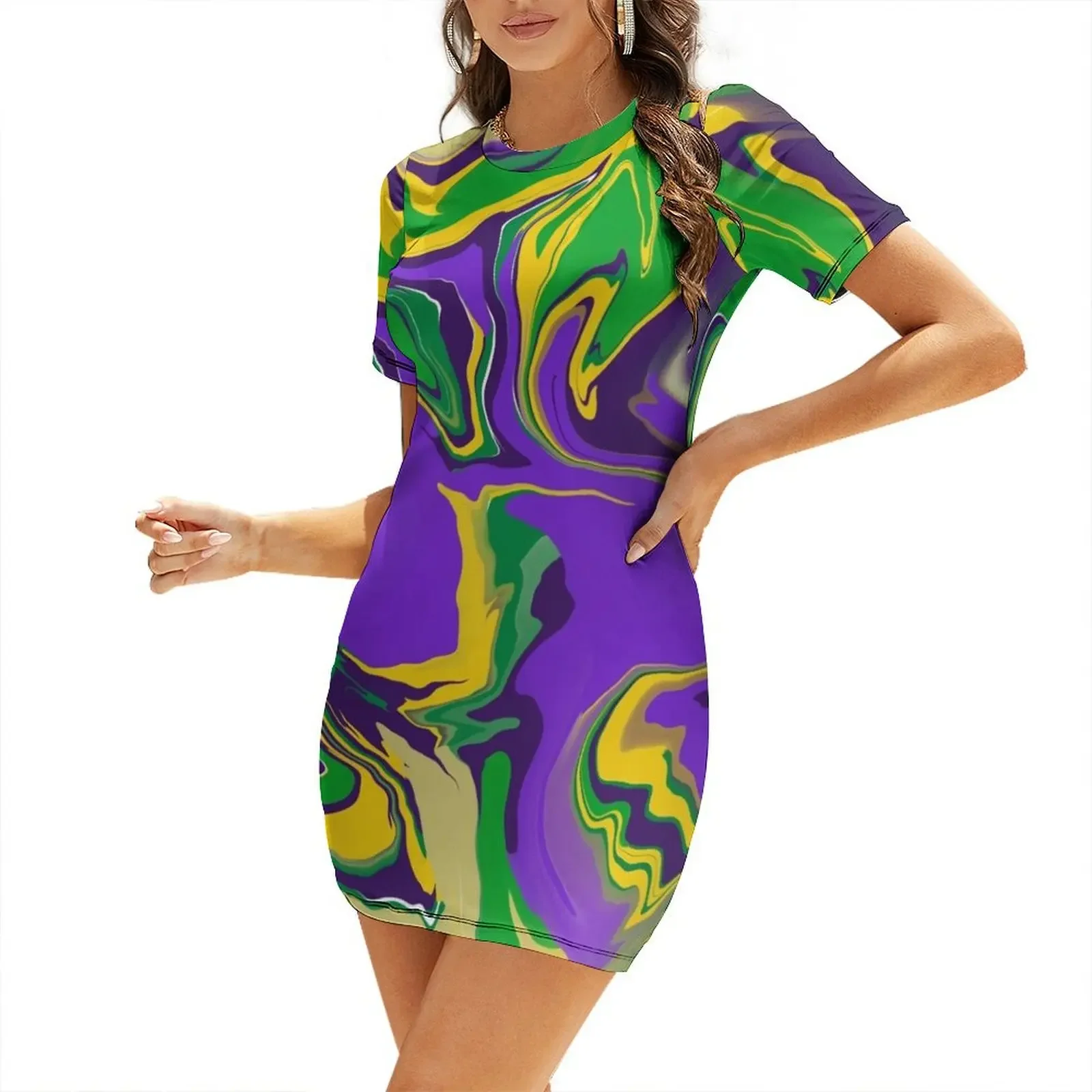 Mardi Gras Marble Swirl Pattern Short-Sleeved Dress dresses for women 2025 womens clothing Dress