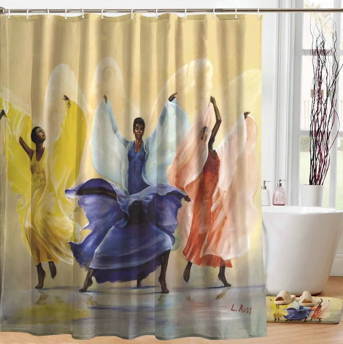 African Woman Shower Curtain Drawing Tribal Dress Local Frauen Silhouette Dance of The Summer Solstice Bathroom Decor Hooks