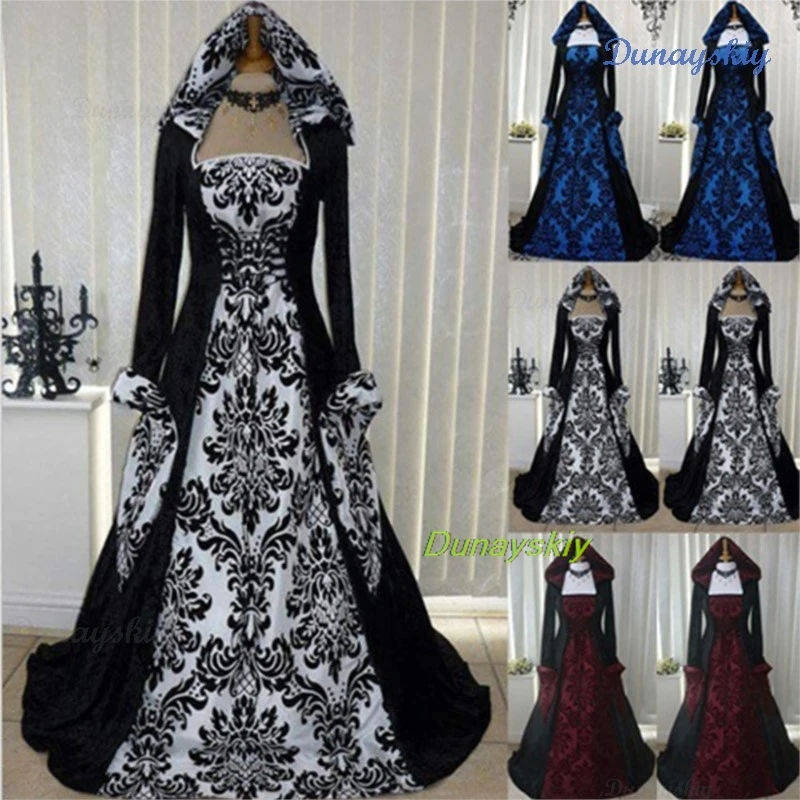 Halloween Classical Dance Stage Costume Medieval Witch Vampire Cosplay Outfit Renaissance Party Gown Women Vintage Hooded Dress