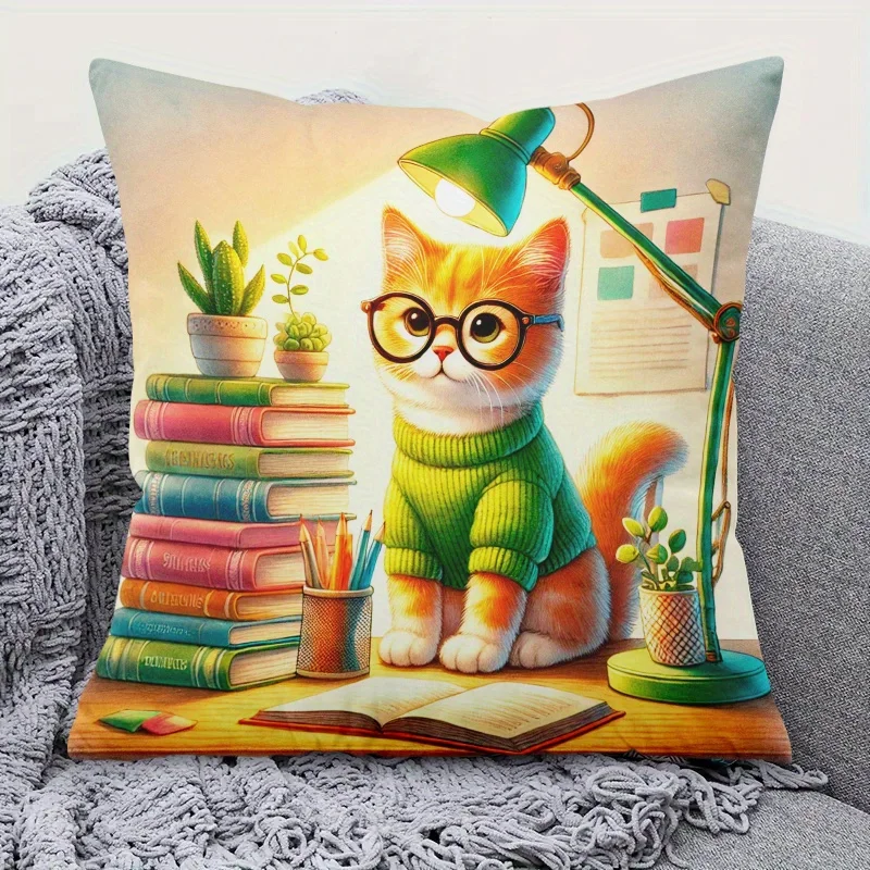 Cute Scholar Cat Pillowcase, Books and Lamp Study Room Cushion Cover, Cozy Kitten Home Decor for Sofa Bedroom Living Room