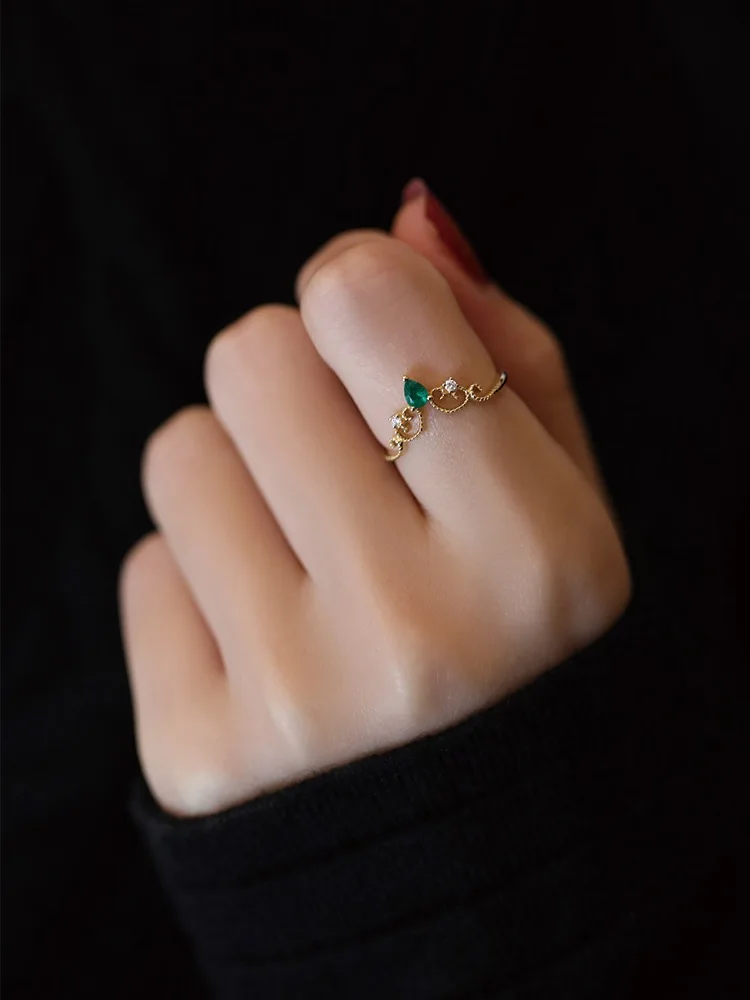 

Elegant Green Sapphire Open Ring 18K Gold Women's Vintage Court Style Middle-Aged Atmosphere Princess Holiday Fashion Jewelry