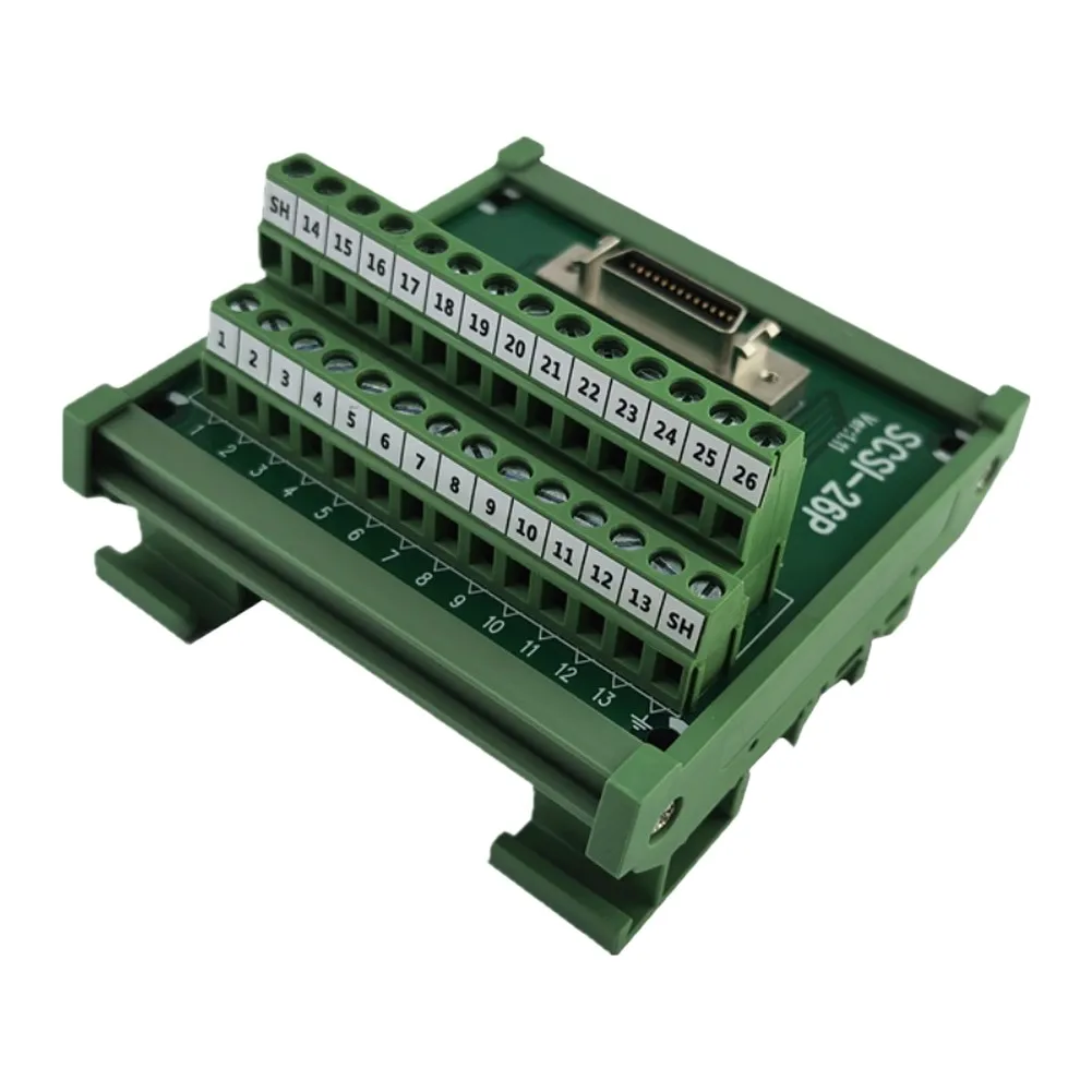 26-Pin Green Terminal Block SCSI-26P-CN-F PA66 Material Copper Contacts for DIN Rail Mounting 8.3 x 8.7 cm Dimensions