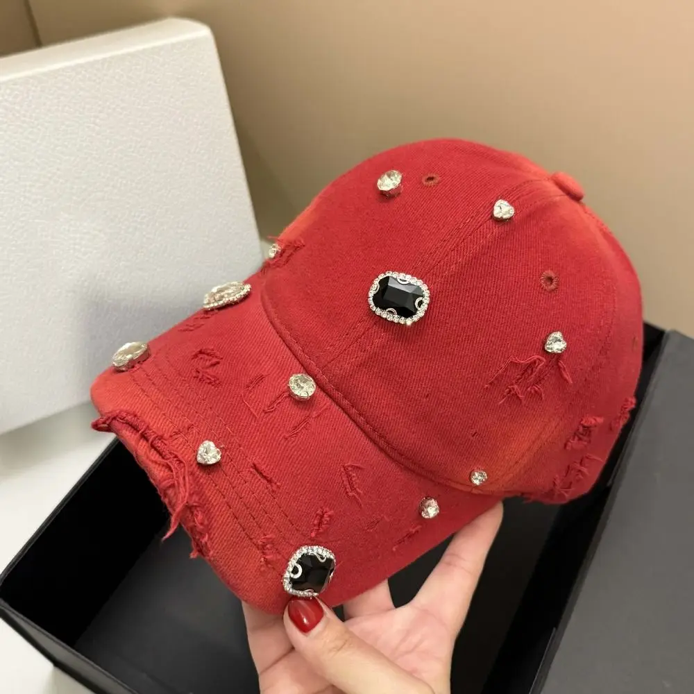 Cotton Rhinestone Baseball Cap Torn Effect Rhinestone Embellished Hip Hop Cap Vintage Wash Adjustable Snapback Hole Washed Hat