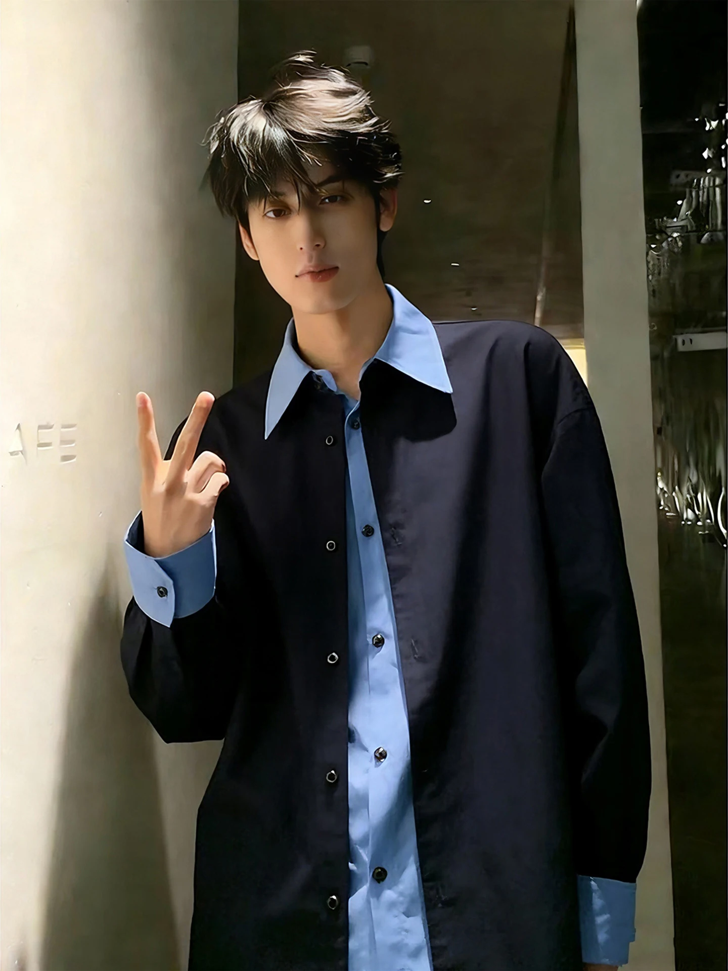 

Casual k Blue Fake Two-Piece Long Sve irt Men's Spring College Sle Couple Design Casual Outerwear Breathable Skin-F...