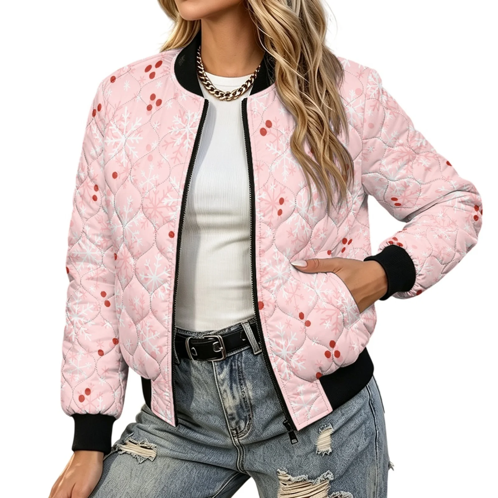 PENSTROLL Snowflake Print Ladies Short Cropped Padded Zip up Outer Coat Windproof Winter Coats for Commuting