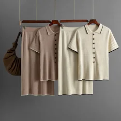 Women's Elegant Knitted Skirt Suit Spring and Summer 2025 New Fashion Polo Collar Knit T-shirts Fashion Two-piece Sets