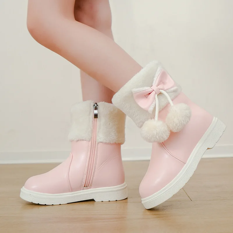 

Fashion Bow Warm Plush Girl Boots for Children's Snow Boots Child Girl Winter Leather Shoes Big Kid Winter Hairy Boots Non-slip