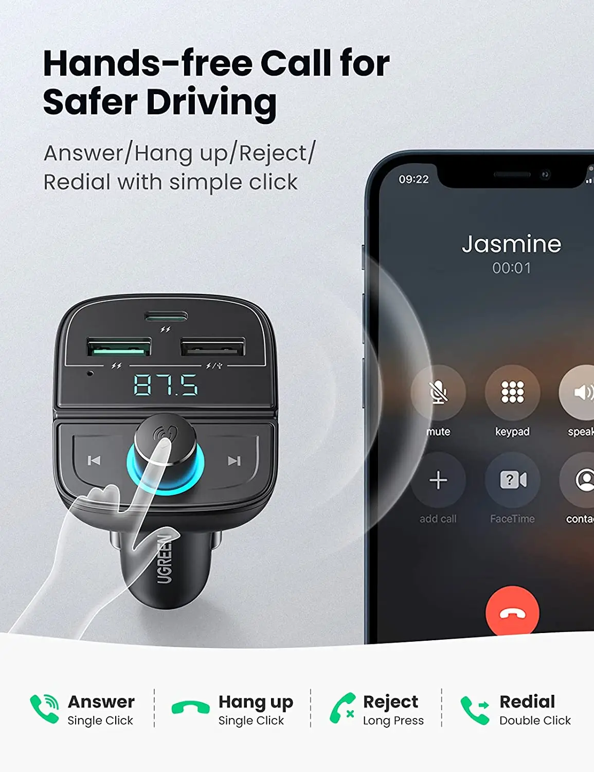UGREEN 車載FMトランスミッター Bluetoothラジオアダプター 3つのUSBポート搭載 QC/PD 3.0カーチャージャー ハンズフリー通話対応