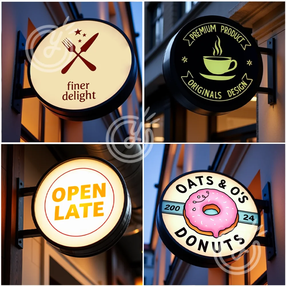 맞춤형 원형 라이트 사인 박스 상점 전면 백라이트 LED 블레이드 양면 방수 야외 크리스마스 맞춤형 벽 스타일라이트박스