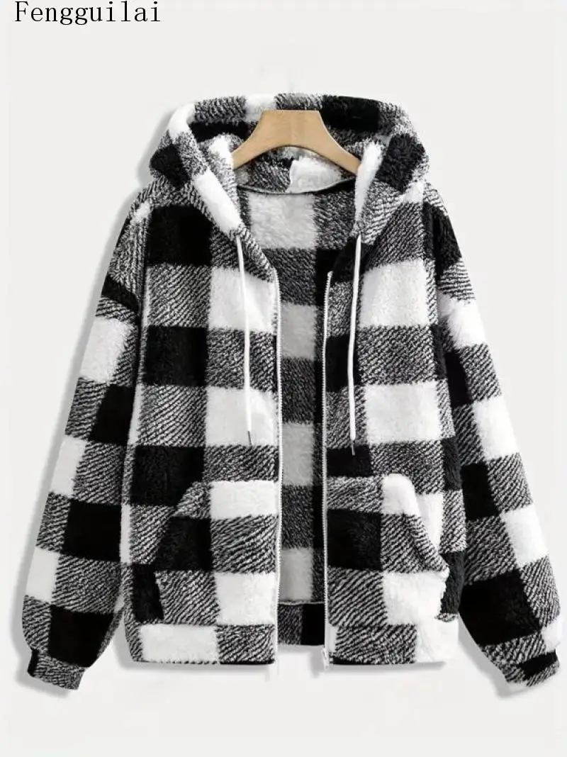 Ladies Buffalo Check Plaid Sherpa Fleece Hoodie Jacket Zip Up Long Sleeve Soft Fluffy Fall Winter Outerwear With Side Pockets
