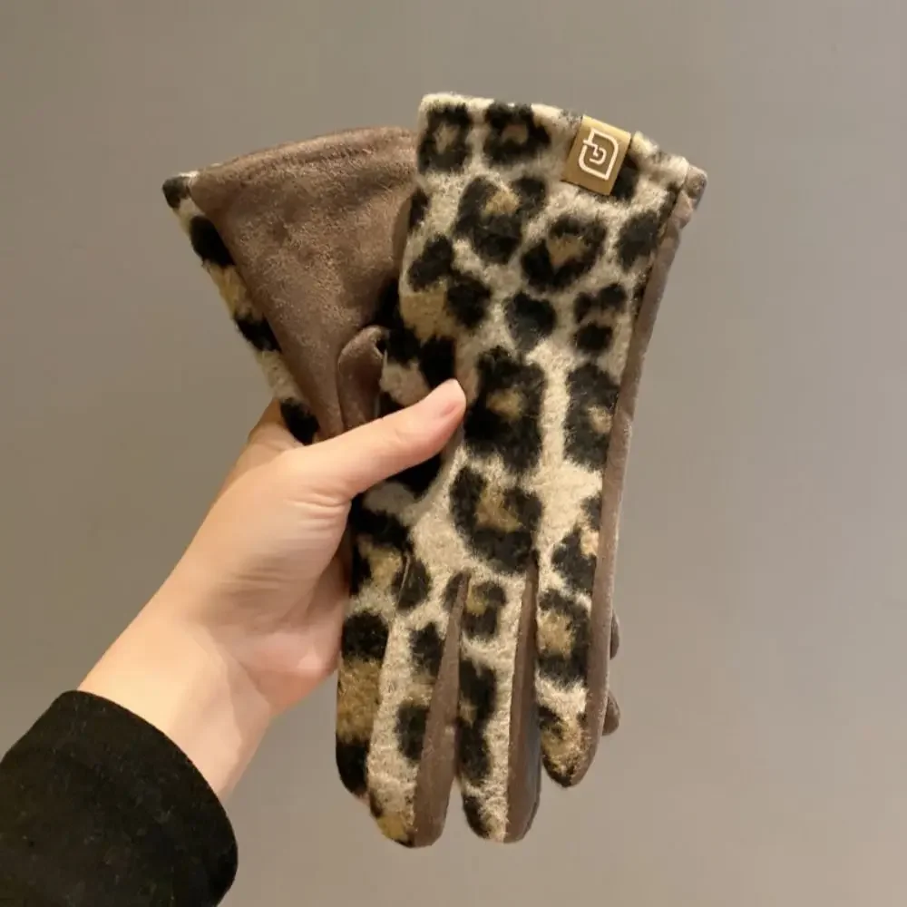 Cashmere Leopard-print Gloves Keep Warm Touch Screen Ladies Driving Gloves Cold-proof Skiing Gloves Outdoor Activities