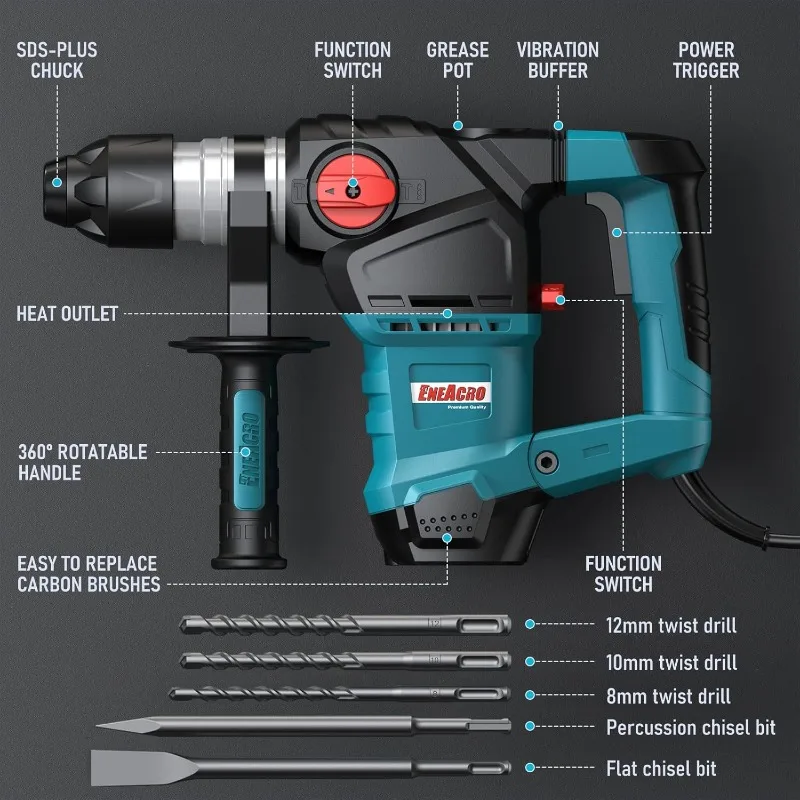 1-1/4 Inch SDS-Plus 12.5 Amp Heavy Duty Rotary Hammer Drill, Safety Clutch 3 Functions with Vibration Control Including Grease