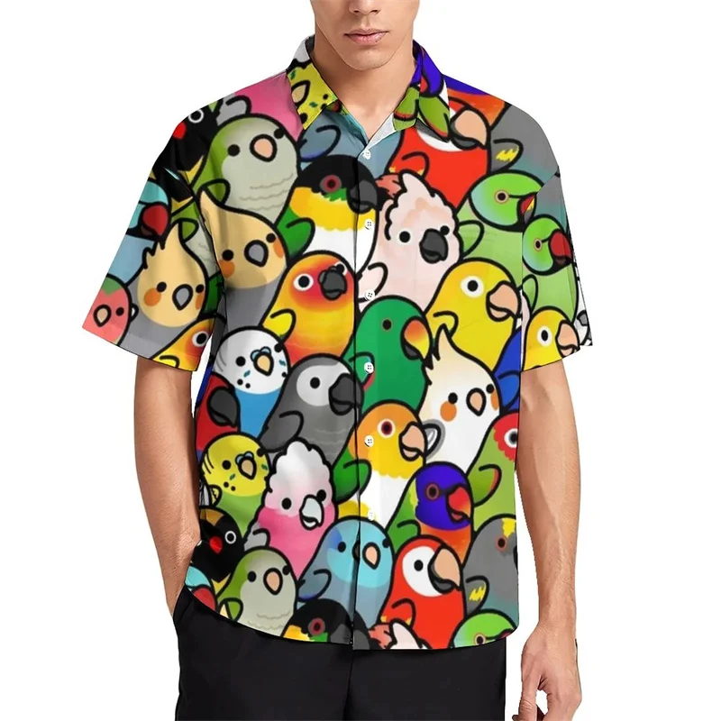 Men's 3D Printed Birds Flamingo Parrot Hawaiian Shirt Trendy Vacation Beach Short Sleeve Lapel Blouse Streetwear