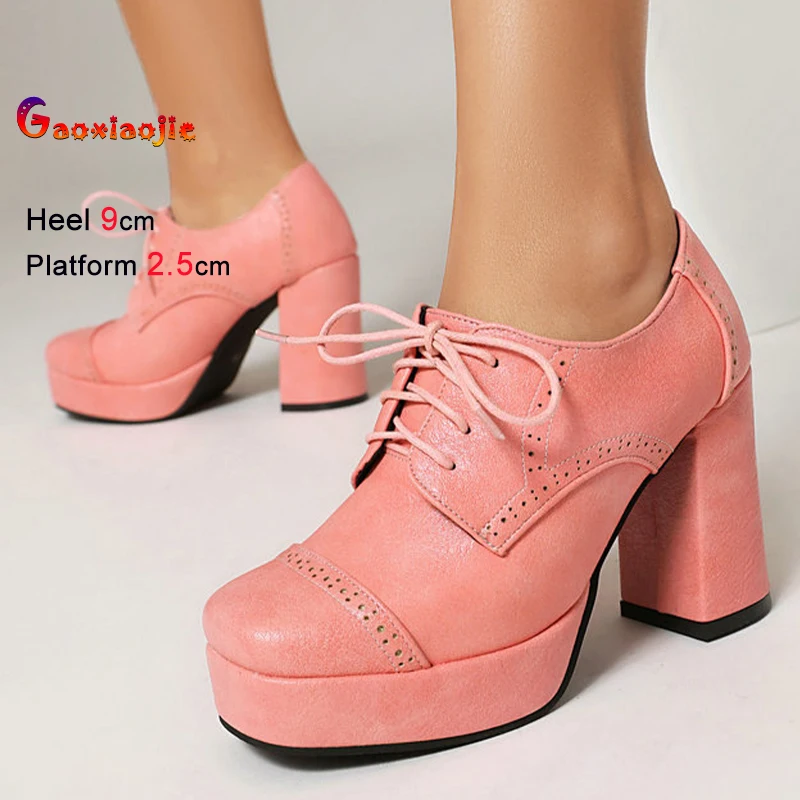 

2026 Spring Autumn Pink Women's Bare Boots Coarse High Heels 9cm Platform 2.5cm Lace Up Square Toe Ankle Boots Ladies Shoes CD