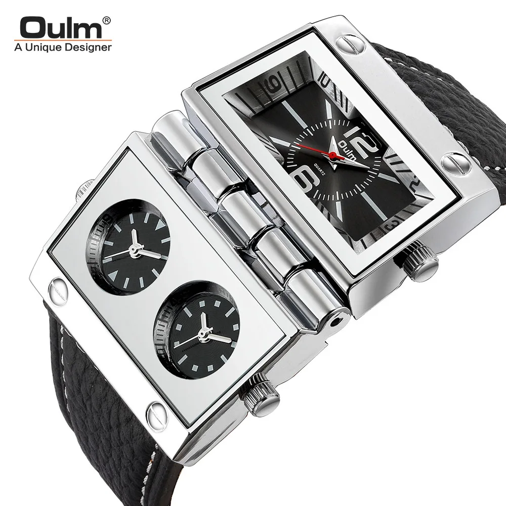 Fashion Oulm Top Brand Multi Time Zone Large Dial Rectangular Folding Quartz Leathe Personalized Military Sports Wrist Watches