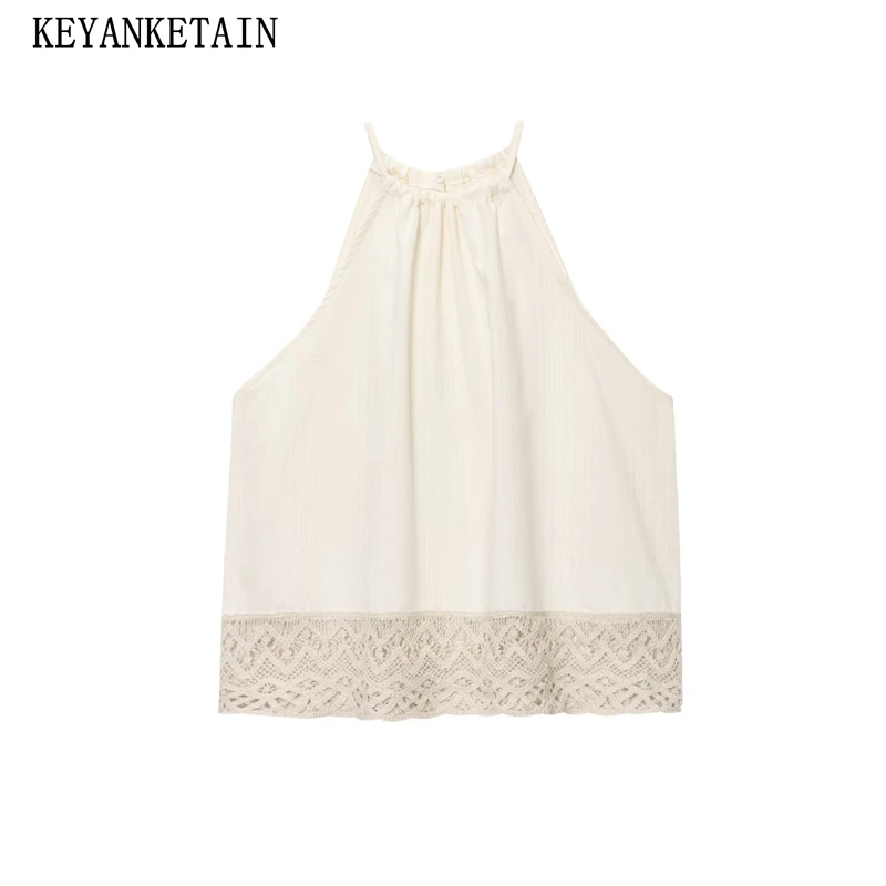 

KEYANKETIAN 2022, новинка лета в богемном стиле, вязаный крючком лоскутный топ с лямкой на шее, женский свободный укороченный жилет, пуловер