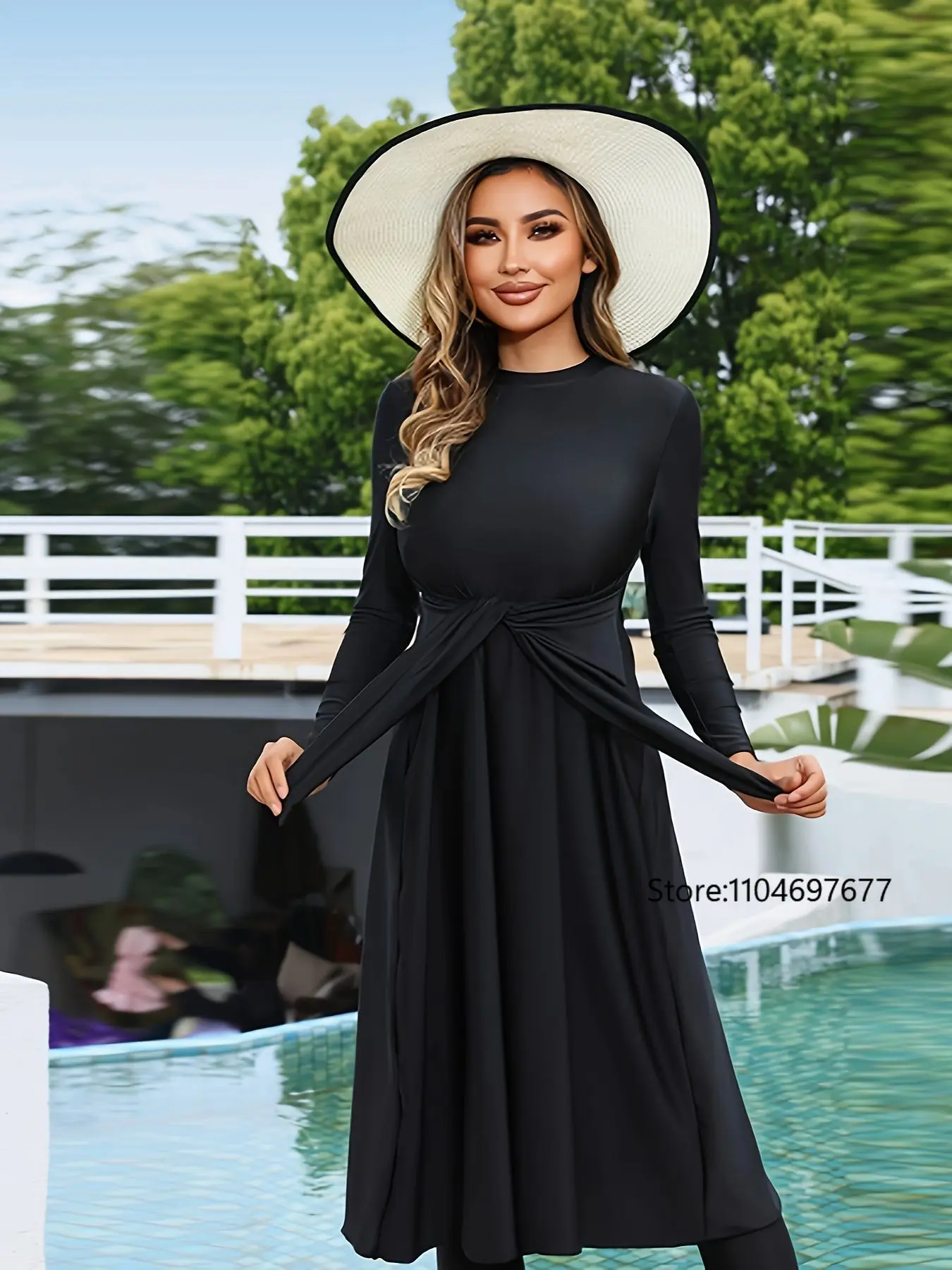 New Chic Modest Swimwear Burkini Femmes Elegance All Coverage Swimwear for Muslim Women Black long sleeved Dress with Pant