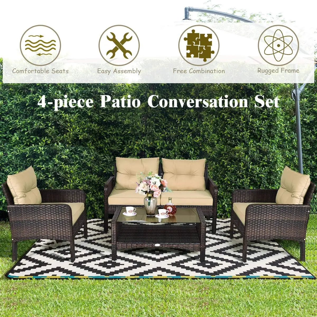 4-Piece Outdoor Wicker Conversation Set with Glass Table, All-Weather Cushions for Porch, Garden, Poolside