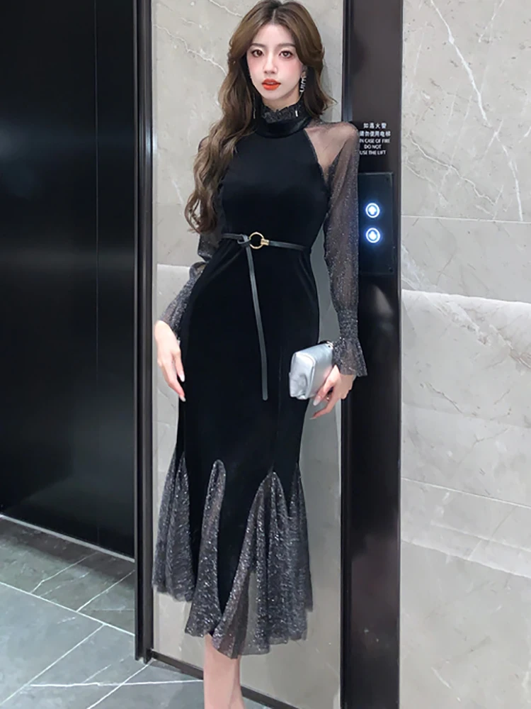 Black Velvet Patchwork Mesh Sheer Sexy Women's Dress Autumn Winter Elegant Ruffled Mermaid Dress 2024 Korean Luxury Party Dress