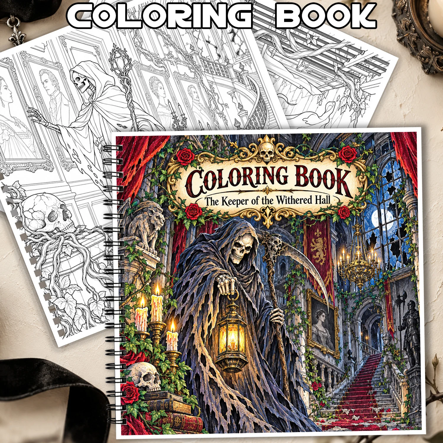 Spiral Coloring Book Gothic Horror Design, Christmas Gift for Adults Teens, Relieving Stress Showcasing Creativity, 24 Pages