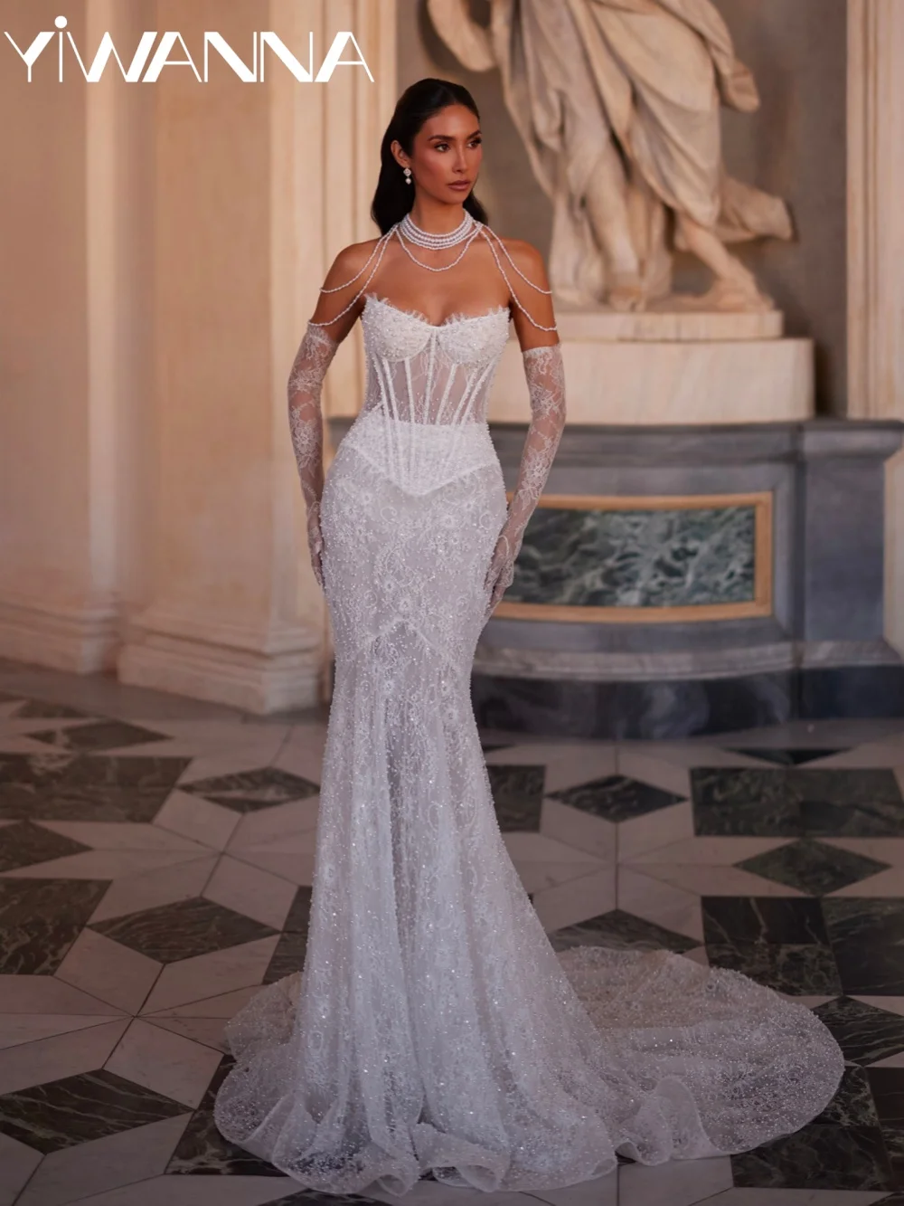 

With Corset Glitter Pearls Wedding Dress Dreamy Strapless Mermaid Long Bridal Gown Customized Exquisite Lace Dresses For Bride