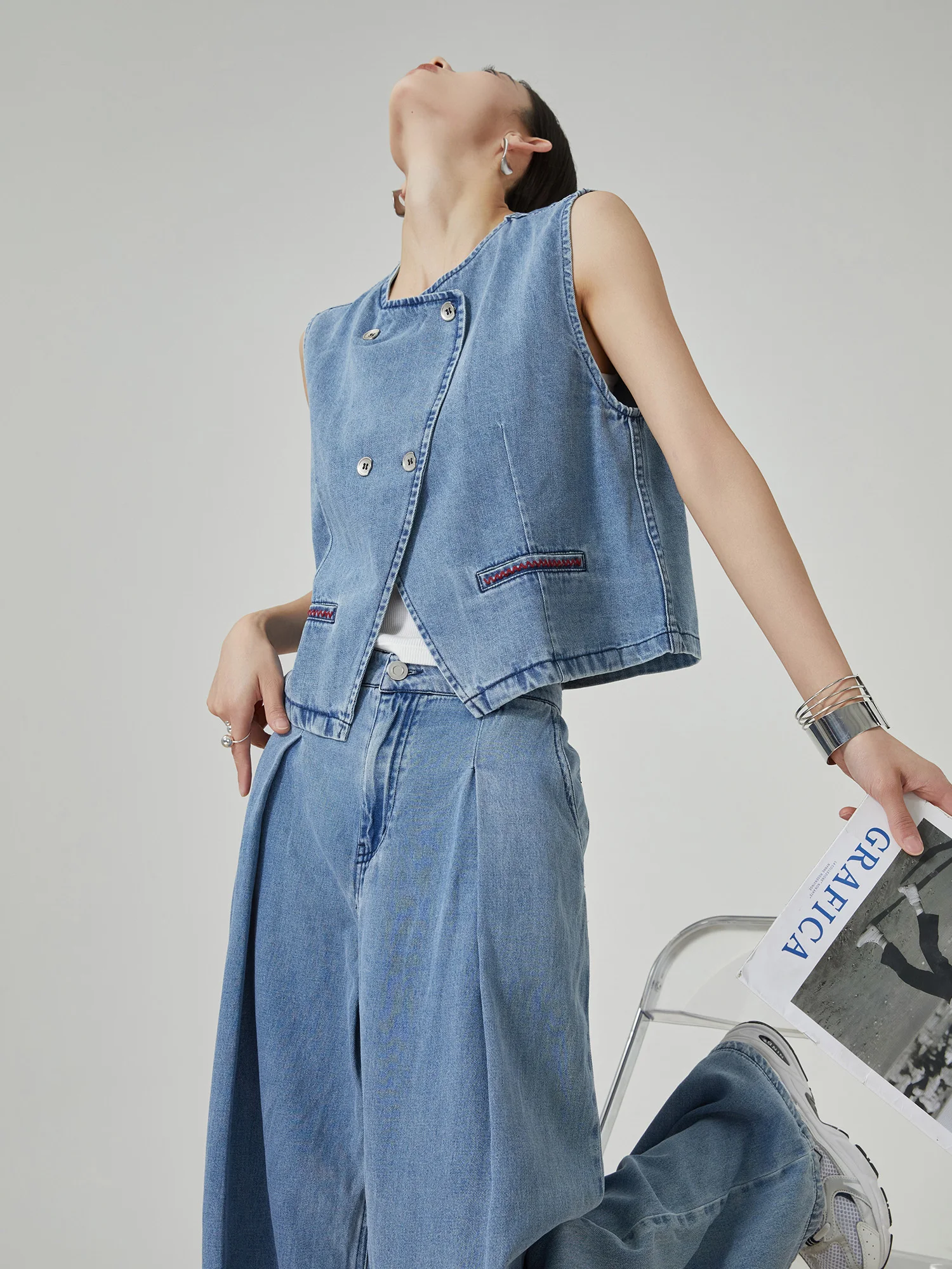 

Slimming Effect Deep Color Sleeveless Denim Two-Piece Set Women's Summer New Style Wide Leg Pants Vest Casual Fashion Ensemble