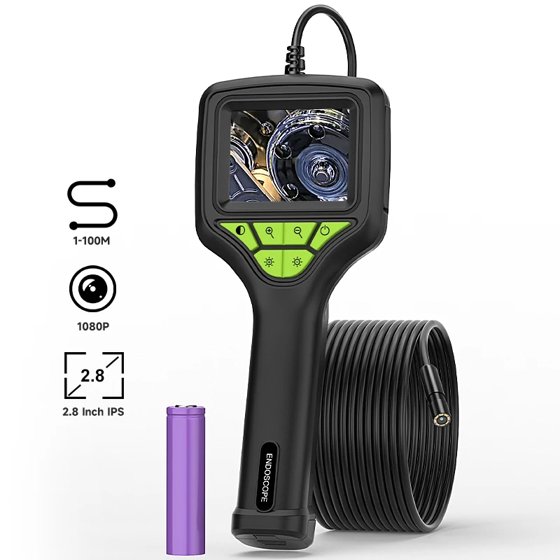Industrial Endoscope 2.8'' IPS Screen 2-100M Cable 8mm Probe Waterproof Camera Pipe Inspection Borescope 8LEDs Removable Battery