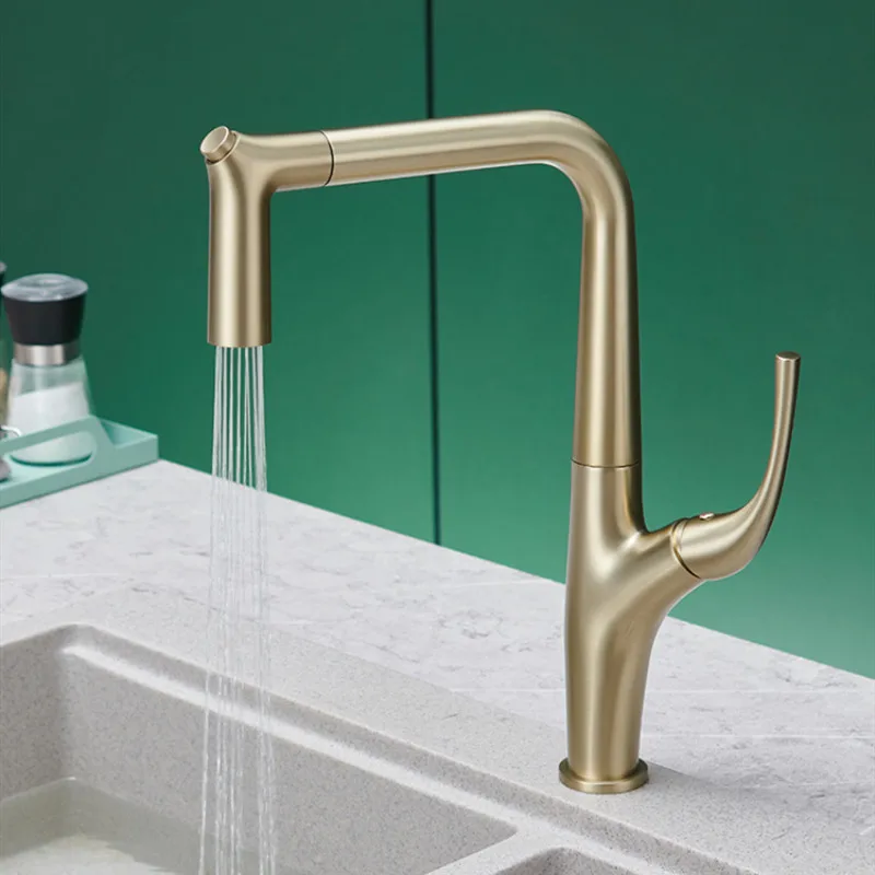 Kitchen Faucet Pull Out Single Lever Brass Rotation Hot and Cold Brush Gold Finished Water Saving Decked Sink Mixer Tap New