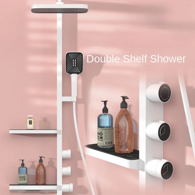 

White Double Layer Storage Rack Square Shower Set Hand Wheel Boost Nozzle Landscape Rain Shower