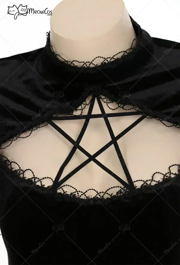 Meowcos Women Evil Witch Gothic Spider Web Flared Sleeve Long Dress Elegant Woman Halloween Dress Cosplay Costume view 5