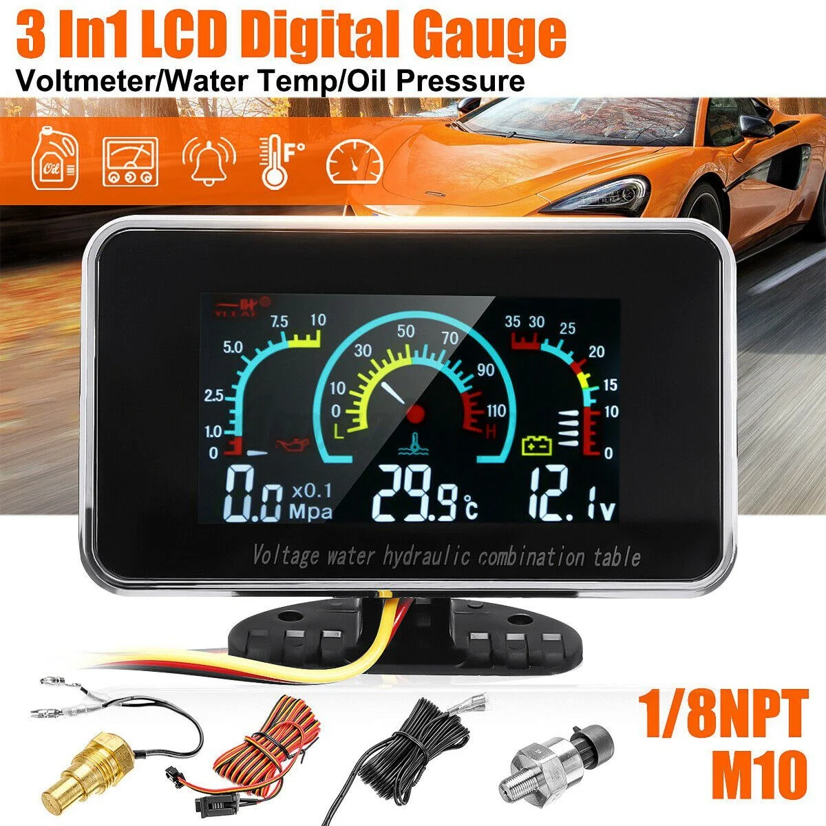 3 In1 LCD Car Digital Gauge Voltmeter/Oil Pressure/Water Temp 12-24V