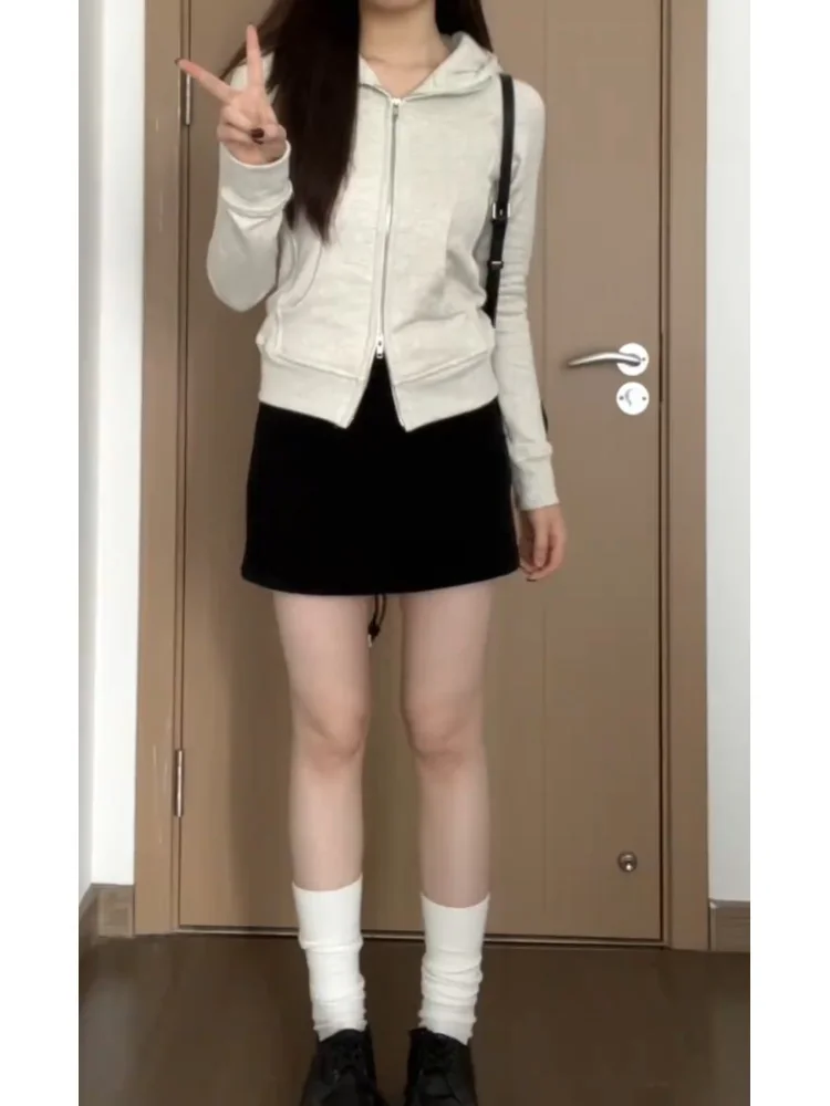 Ey Double fermeture éclair ort sweat Jaet femmes printemps automne hiver coupe ajustée Spor petite taille haut Faion coréen Sle